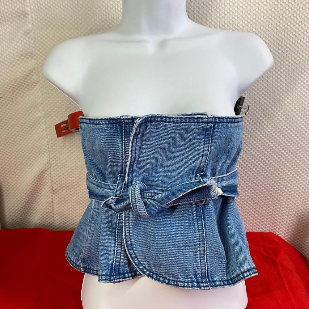 Zara Denim Strapless Peplum Top in Blue - Picture 3 of 10